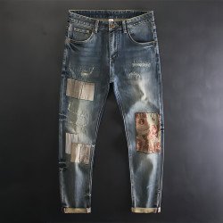 Men\'s Contrast Color Patch Hole Slim-fit Pants