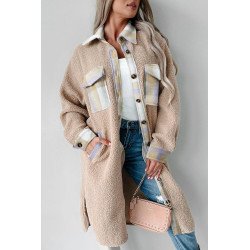 Smoke Gray Plaid Patchwork Collared Button-up Sherpa Long Coat
