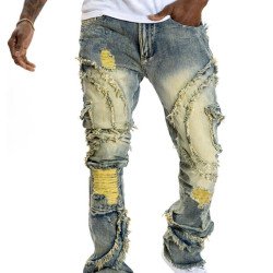 Men\'s Patchwork Fringe Slightly Flared Stretch Jeans