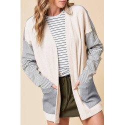 Black Stripe Colorblock Patchwork Open Front Cardigan with Pocket