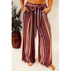 Red Boho Ethnic Striped Print Tie Waist Wide Leg Pants