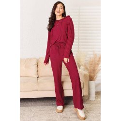 Basic Bae Full Size Ribbed Drawstring Hooded Top and Straight Pants Set