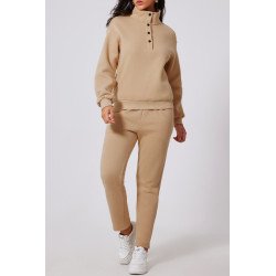 Parchment Solid Half Button Sweatshirt and High Waist Sweatpants Set