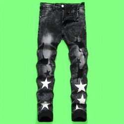 Punk Men\'s Jeans Hole Embroidery Five-pointed Star