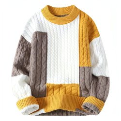 Men\'s Crew Neck Pullover Sweater Color Contrast Patchwork