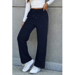 Navy Blue Solid Color Fleece Lined Drawstring Waist Casual Pants