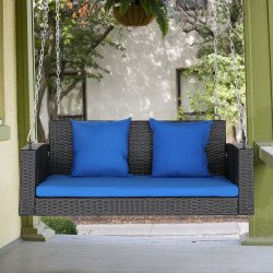 SolunaSwing™ – 4ft Black Rattan Hanging Chair with Blue Cushions