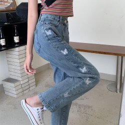 Women\'s Loose All-match Butterfly Embroidered Straight Jeans