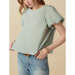 Stripe Textured Round Neck Short Puff Sleeve Blouse