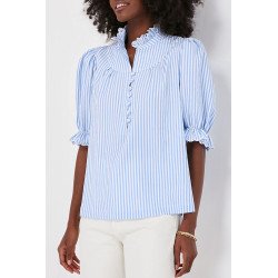 Sky Blue Stripe Ruffled Collar Puff Sleeve Half Buttons Blouse