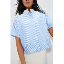 Sky Blue Stripe Contrast Collar Patchwork Hidden Button Short Sleeve Summer Shirt