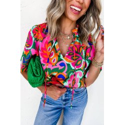 Rose Summer Plant Print Lace up V Neck Short Sleeve Blouse