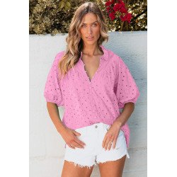 Bonbon Flower Embroidered Hollow-out Puff Sleeve Blouse