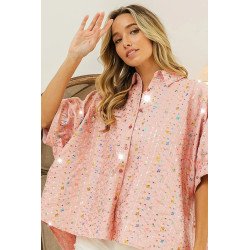 BiBi Sequin Striped Short Dolman Sleeve Blouse