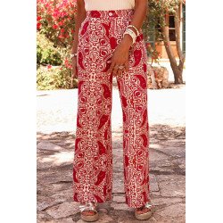 Red Paisley Printed Buttoned High Waist Straight Leg Pants