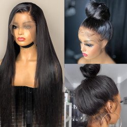 LuxeWave - Real Human Hair Lace Wig Set Straight Hair Black Medium Length