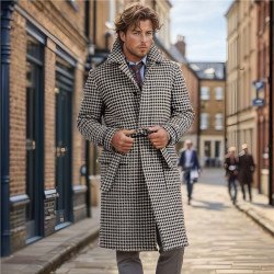 Men\'s Mid-length Woolen Trench Coat Houndstooth Quilted