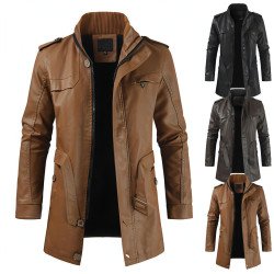 Men\'s Mid-length Fleece-lined Casual Stand Collar Leather Wind Coat