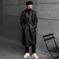 Men\'s Mid-length Double-breasted Leather Trench Coat