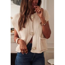 White Solid Textured Knit Side Pockets Buttoned Sweater Vest