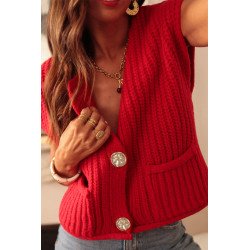 Fiery Red Solid Textured Knit Side Pockets Buttoned Sweater Vest