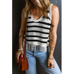 Beige Stripe Loose Knit Fringe Tank Top