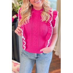 Strawberry Pink Textured Knit Ruffled Mock Neck Sweater Tank