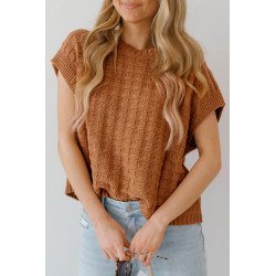 Camel Round Neck Textured Knit Sweater Vest