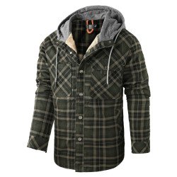 Men’s Fleece-Lined Hooded Plaid Flannel Jacket – Winter Cotton Padded Shirt Coat