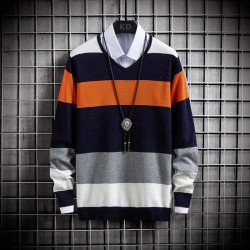 New Thin Color-Blocking Round Neck Men\'s Casual Sweater