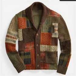 Men\'s Patchwork Colorblock Cardigan – Casual Retro Sweater Coat