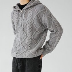 Men\'s Zipper Hooded Solid Color Loose Rhombus Plaid Coat