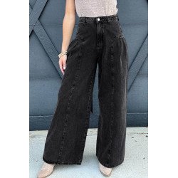 Dark Grey Pleated Wide Leg Mineral Wash Denim Pants