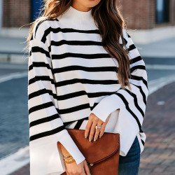 Striped Turtleneck Sweater Women\'s Cuffs