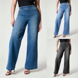 Women\'s Straight Jeans Mid Waist Wide Leg Pants High Elastic Waist Trousers