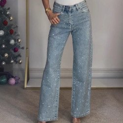 25 Edition – Women’s High Waist Straight Street Jeans with Glitter Details